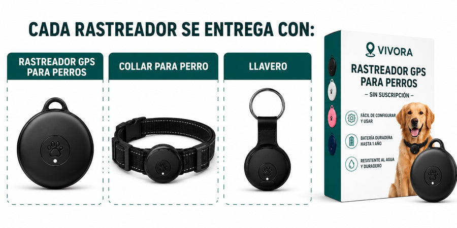 Cada rastreador para perros se entrega con rastreador GPS, collar y llavero