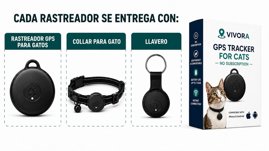 Cada rastreador para gatos se entrega con rastreador GPS, collar y llavero